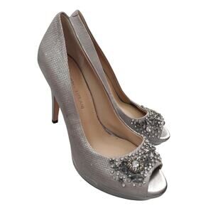 ANTONIO MELANI! SILVER TEXTURED FABRIC, ELABORATELY JEWELED PEEP TOE PUMPS! 8M